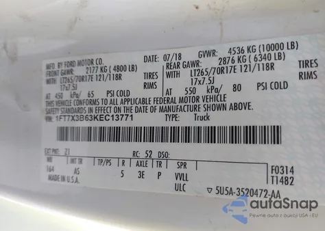2019 Ford F-350 Xl from USA, damaged, VIN 1FT7X3B63KEC13771
